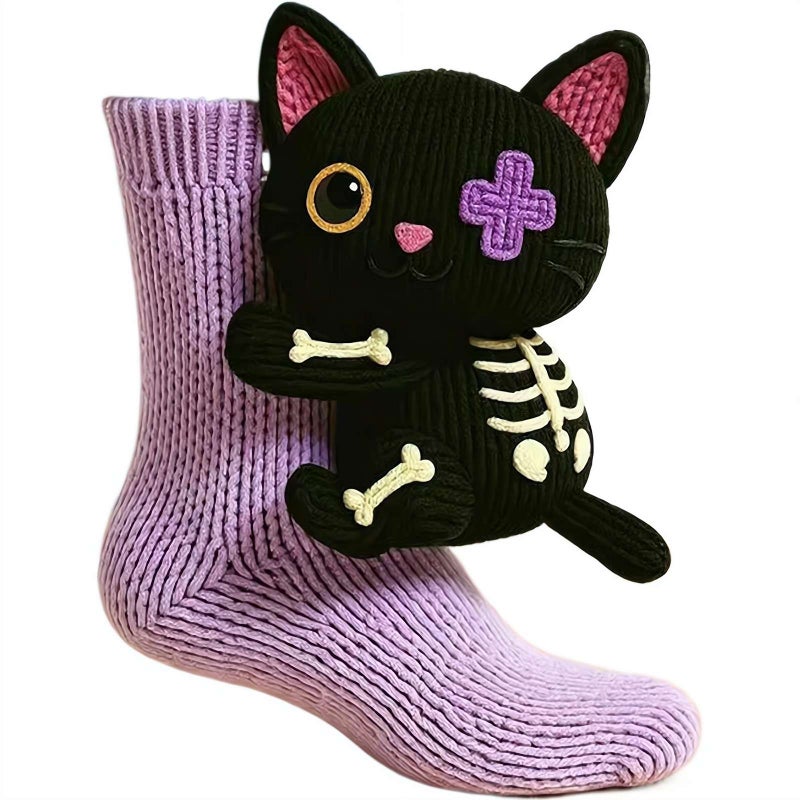 Funny Animal Socks - 2026 Warm Soft Long Knit Crew with 3D Designs | Cozy Soft Warm Fall Winter Socks  (Black Cat) - Image 1